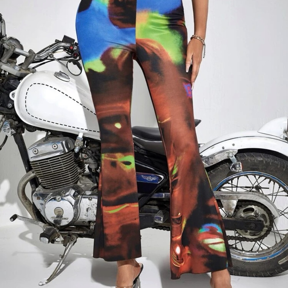 New Womans Tye Dye Multicolour Splash Print High Waist Stretchy Flare Leg Pants - Picture 8 of 9